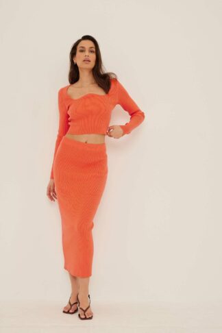 NA-KD Stickad rak kjol med hög midja - Orange