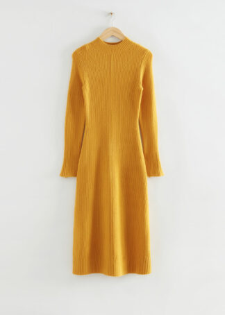 Fitted A-Line Wool Knit Dress - Yellow