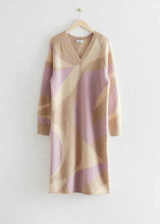 Intarsia Knit Midi Dress - Beige