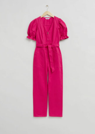 Feminine Puff Sleeve V-Neck Jumpsuit - Pink