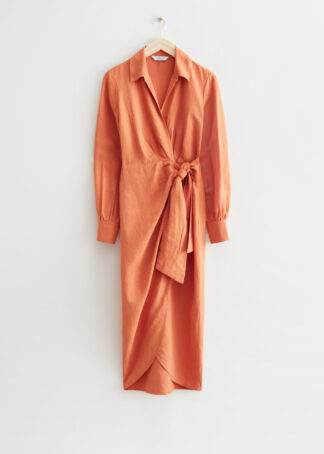 Collared Wrap Midi Dress - Orange
