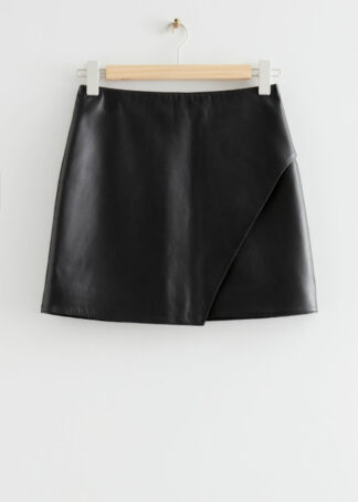 Asymmetric Overlapped Leather Mini Skirt - Black