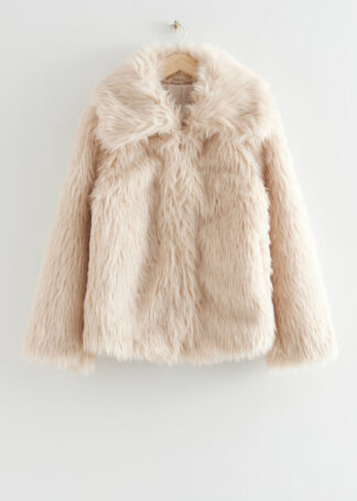 Oversized Collar Faux Fur Coat - White