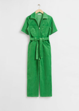 Belted Corduroy Jumpsuit - Green