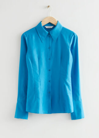 Fitted 90s Style Silk Shirt - Turquoise