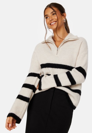 SELECTED FEMME Maline LS Knit Half Zip Birch Stripes:BLACK M