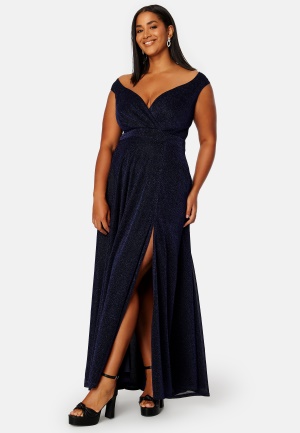 Goddiva Curve Glitter Wrap Front Maxi Dress With Split Navy 54 (UK26)