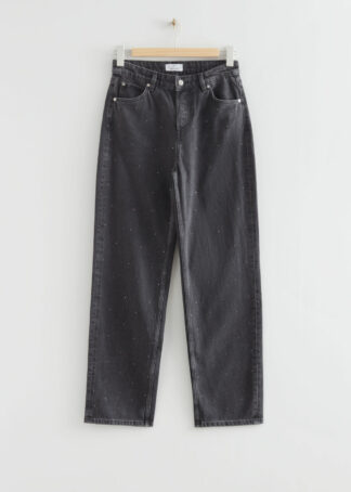Wide Leg Crystal Embellished Jeans - Grey