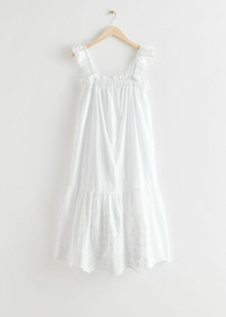 Frilled Embroidery Midi Dress - White