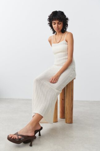 Gina Tricot - Knitted midi dress - stickade klänningar - White - S - Female