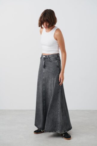 Gina Tricot - Wide denim skirt - jeanskjolar - Black - 36 - Female