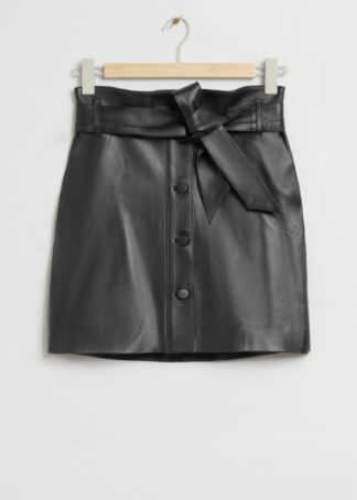 Leather Paperbag Belted Skirt - Black