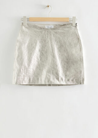 Metallic Leather Mini Skirt - Grey