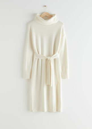 Relaxed Belted Turtleneck Midi Dress - White