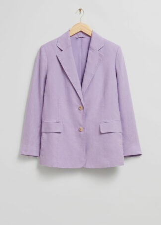 Relaxed Single Breasted Linen Blazer - Purple