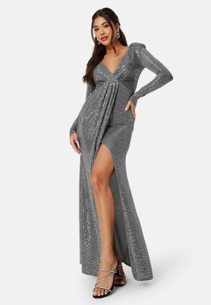 Goddiva Long Sleeve Sequin Maxi Dress With Split Silver L (UK14)
